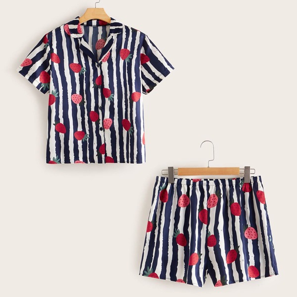 

Plus Striped & Strawberry Print PJ Set, Multicolor