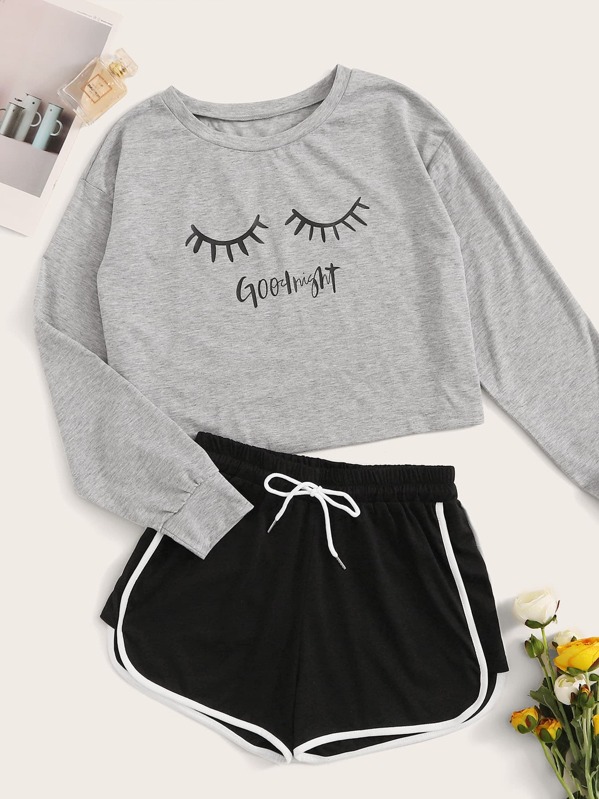 

Letter & Eyelash Print PJ Set, Multicolor
