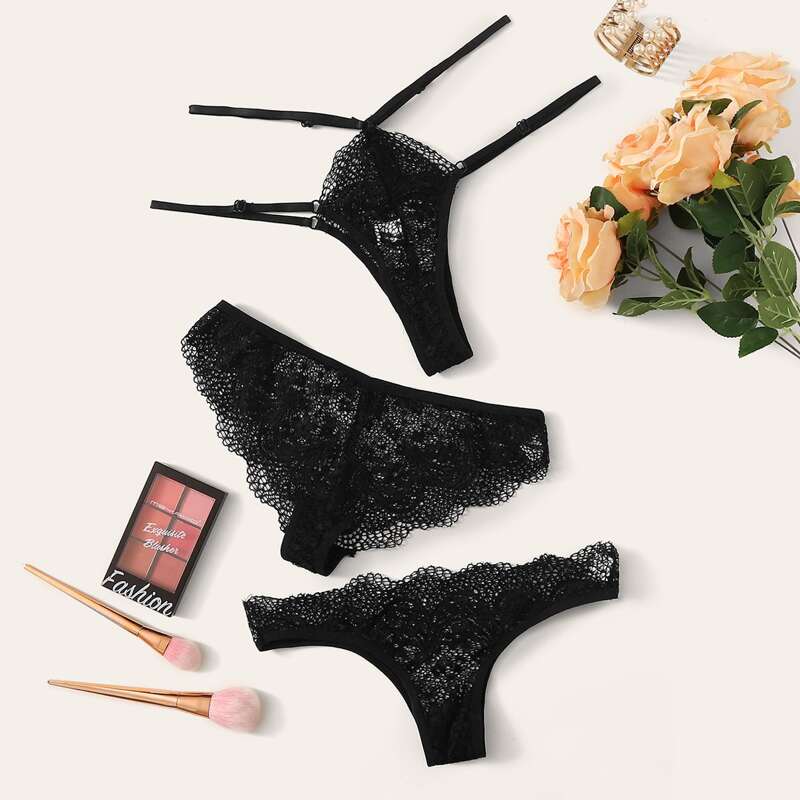 

3pack Floral Lace Panty Set, Black