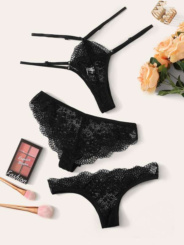 

3pack Floral Lace Panty Set, Black