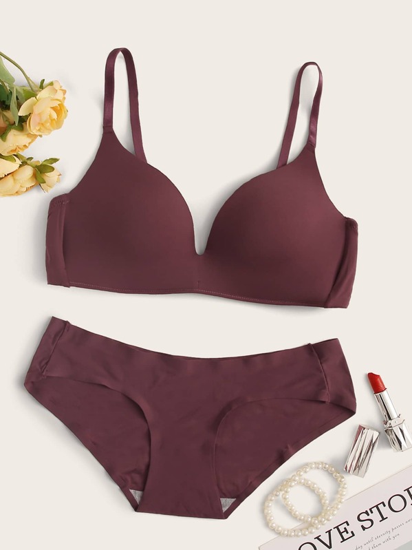 

Solid Adjustable Strap Lingerie Set, Burgundy