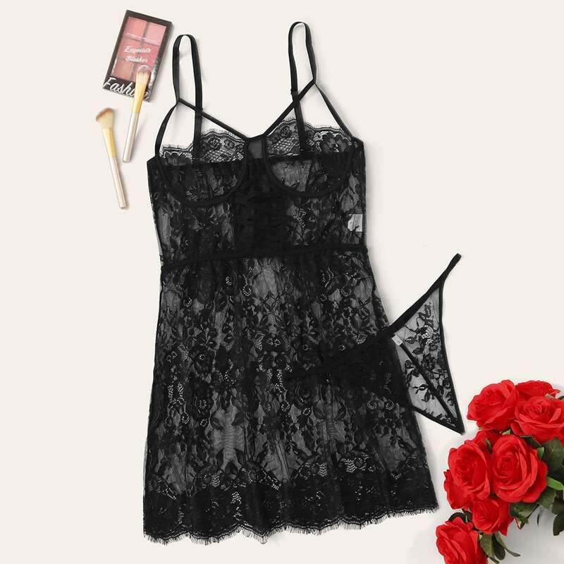 

Floral Lace Underwire Slips With Thong, Black