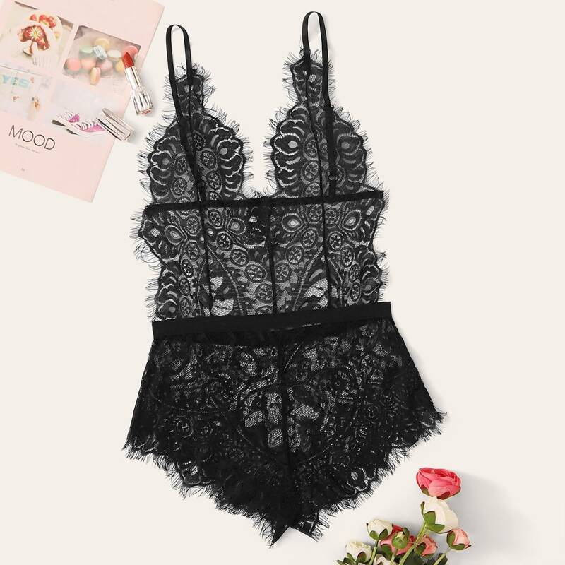 

Eyelash Lace Sheer Teddy Bodysuit, Black