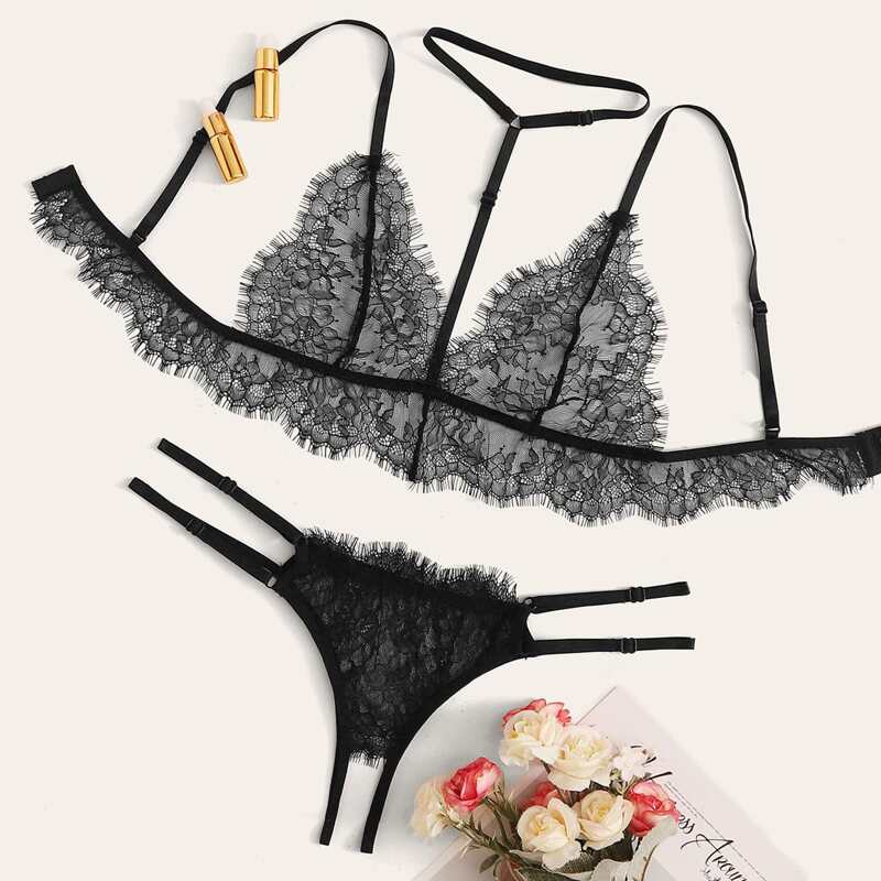 

Floral Lace Lingerie Set With Choker, Black