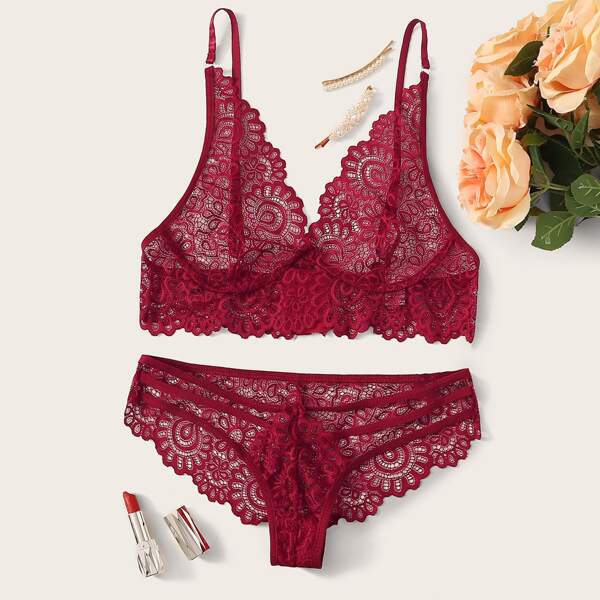 

Floral Lace Lingerie Set, Burgundy