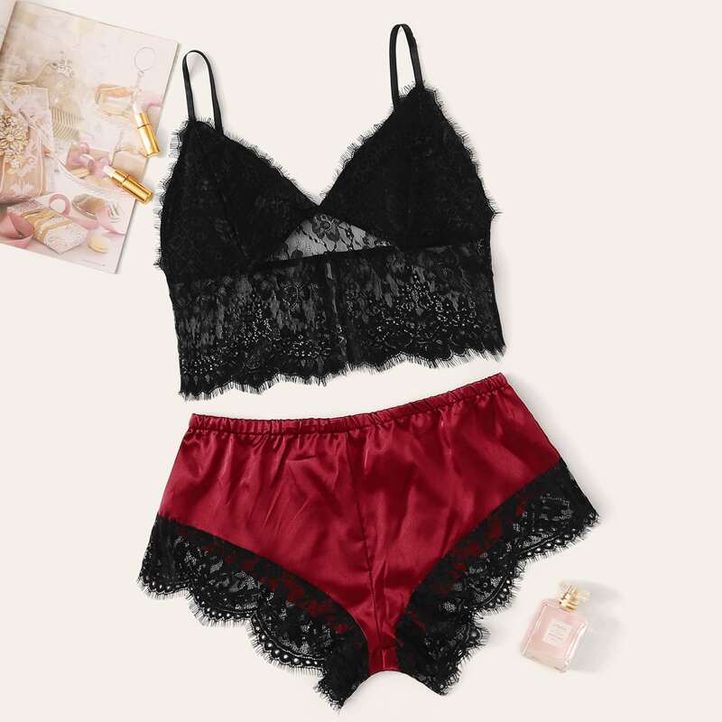 

Eyelash Floral Lace Lingerie Set, Multicolor