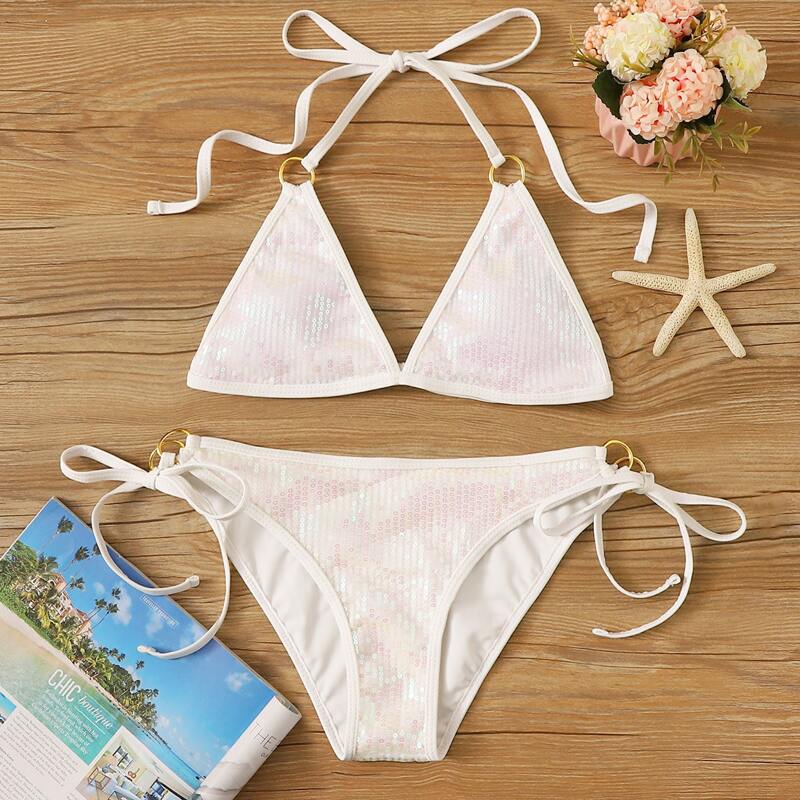 

Sequin Triangle Top With Tie Side Bikini Set, White