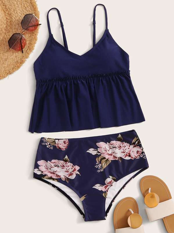 

Ruffle Trim Top With Floral Random Print High Waist Tankini, Navy