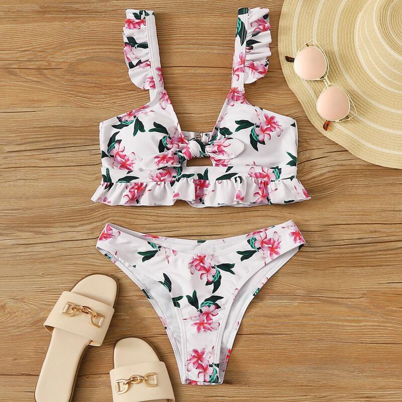 

Floral Random Print Ruffle Trim Bikini Set, Multicolor
