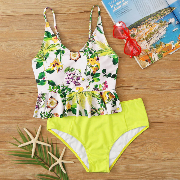 

Floral Random Print Ruffle Hem Tankini Set, Multicolor