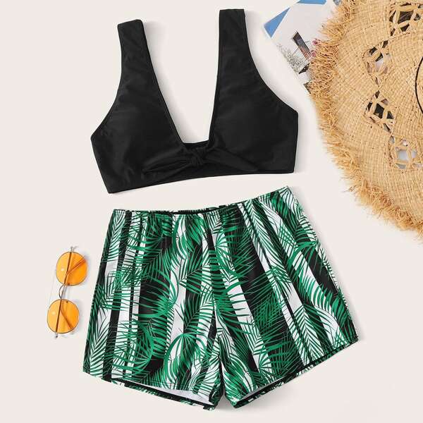 

2pcs Knot Front Top With Leaf Print Shorts Bikini, Multicolor