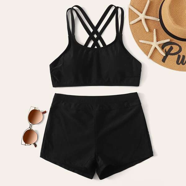 

2pcs Double Strap Top With Shorts Bikini, Black