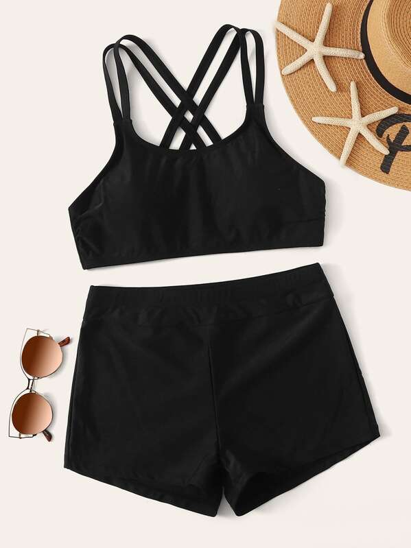 

2pcs Double Strap Top With Shorts Bikini, Black