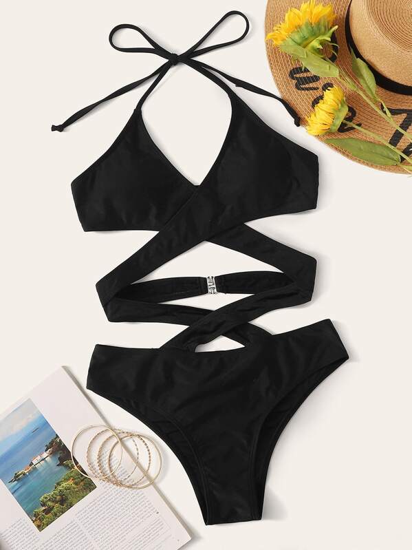 

Criss Cross Halter Monokini, Black