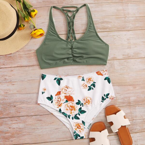 

Criss Cross Top With Floral Random Print High Waist Bikini, Multicolor
