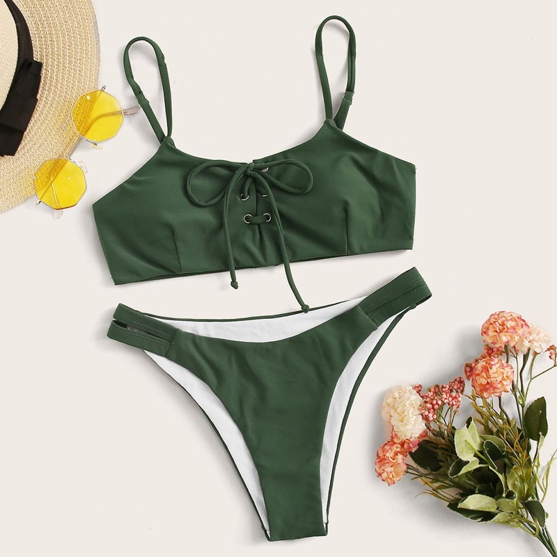 

Lace-up Front Top With High Cut Bikini Set, Green