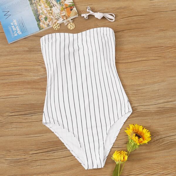 

Striped Bandeau One Piece Swimwear With Detachable Strap, White