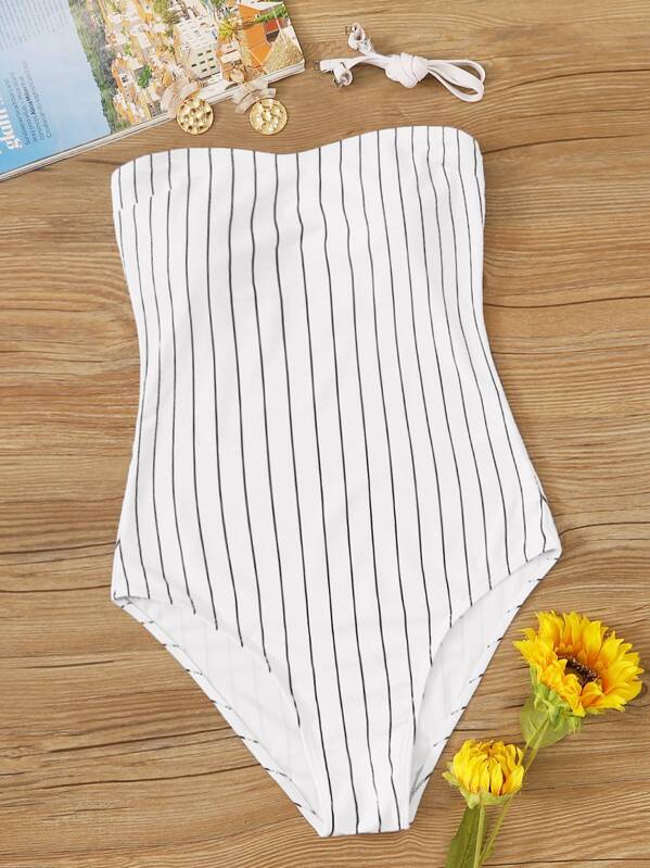 

Striped Bandeau One Piece Swimwear With Detachable Strap, White
