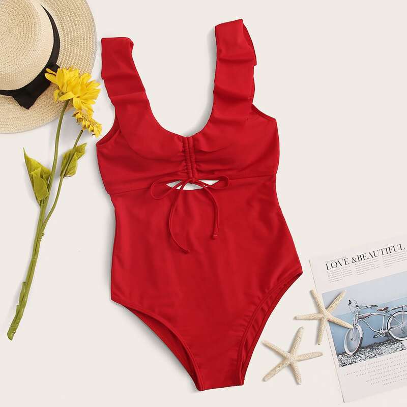 

Ruffle Trim Drawstring One Piece Swimwear, Red
