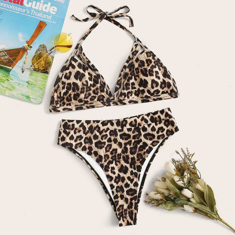 

Leopard Triangle Top With High Waist Bikini Set, Multicolor