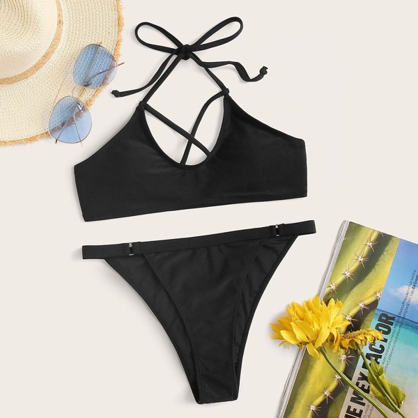 

Criss Cross Halter Bikini Set, Black