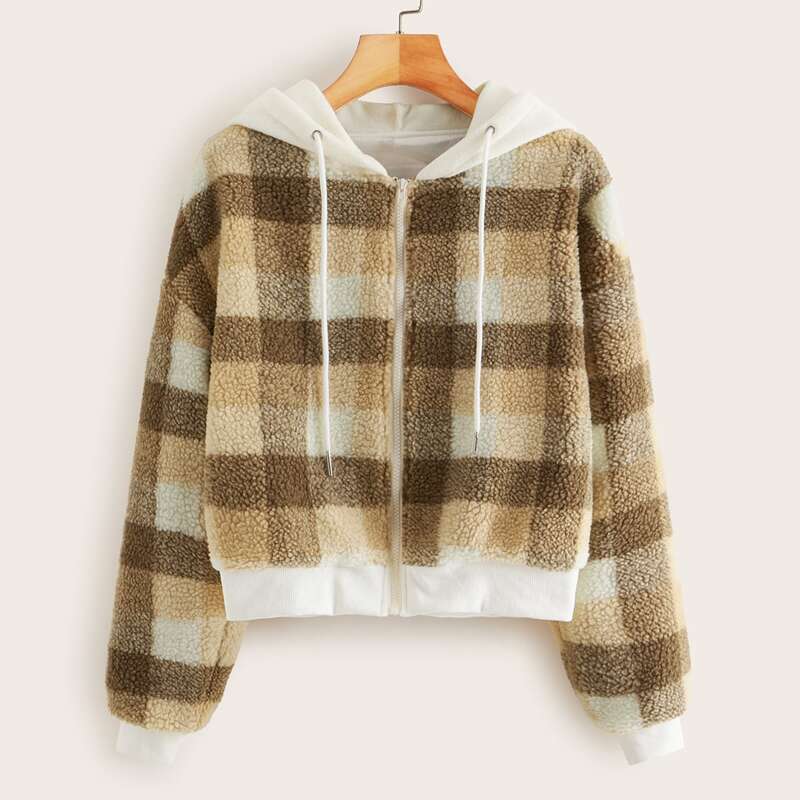 

Plaid Zip-up Drawstring Teddy Jacket, Multicolor