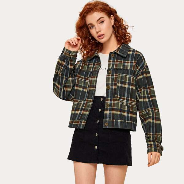 

Plaid Pocket Front Denim Jacket, Multicolor