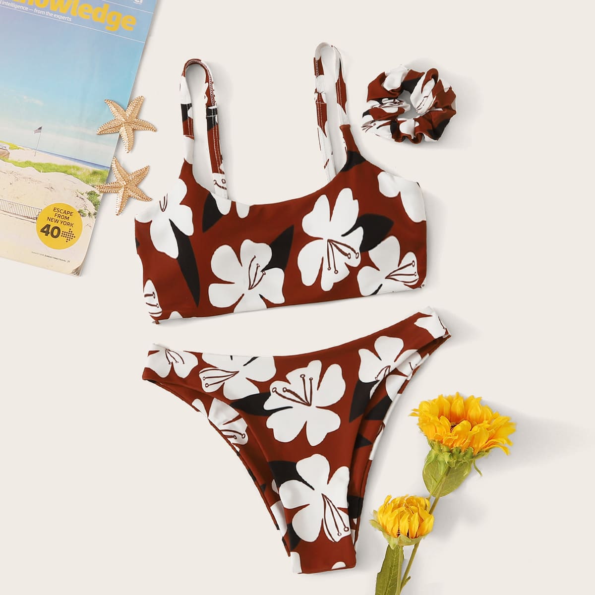 

Floral Random Print Bikini Set With Hair Scrunchies, Multicolor