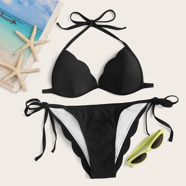 

Triangle Top With Tie Side Bikini Set, Black