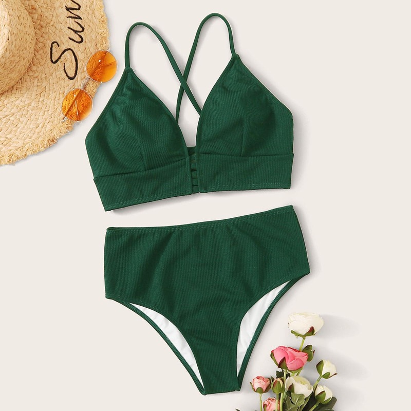 

Textured Lace-Up Back High Waist Bikini Swimsuit, Dark green