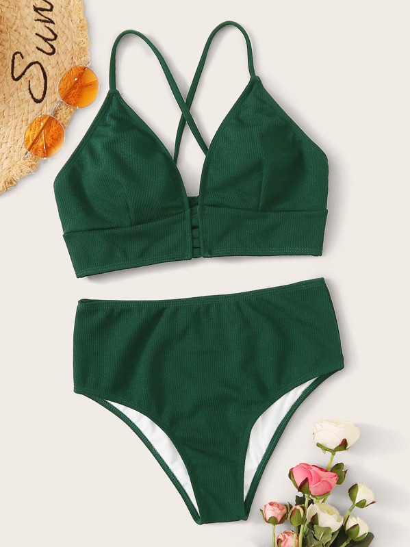 

Textured Lace-up Back Bikini Set, Green