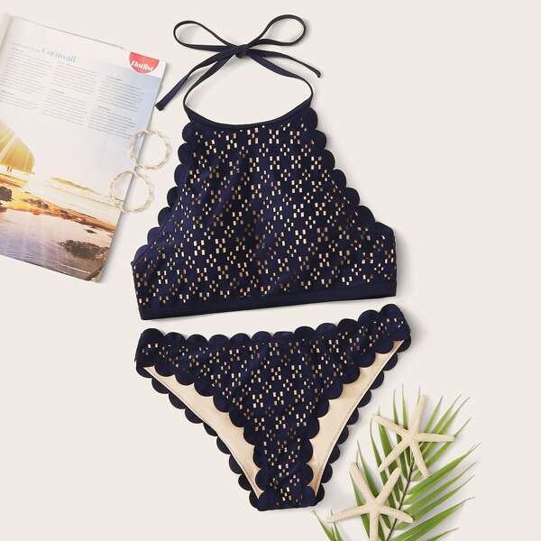 

Laser Cut Halter Bikini Swimsuit, Navy