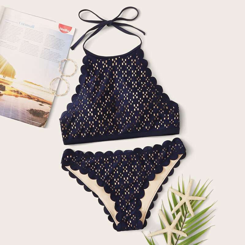 

Laser Cut Halter Bikini Swimsuit, Navy