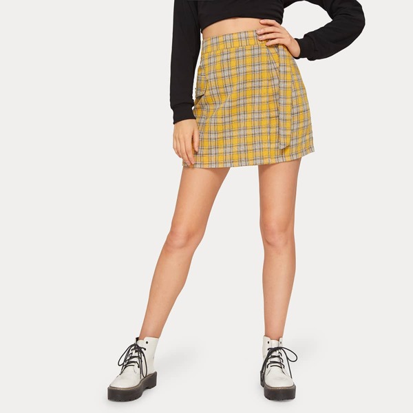 

Plaid Side Pocket Wrap Mini Skirt, Yellow