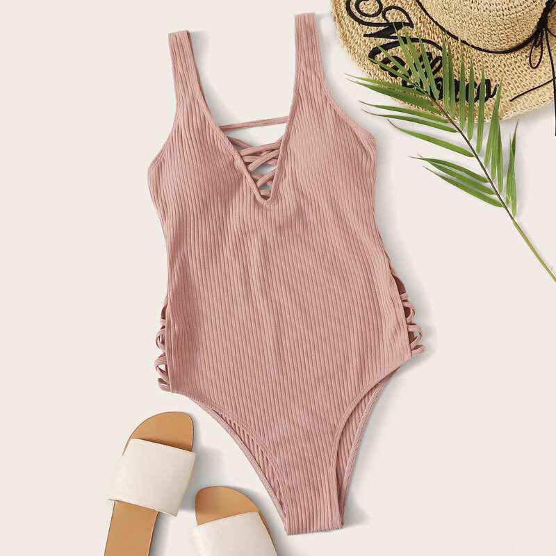 

Textured Criss Cross One Piece Swimwear, Pink