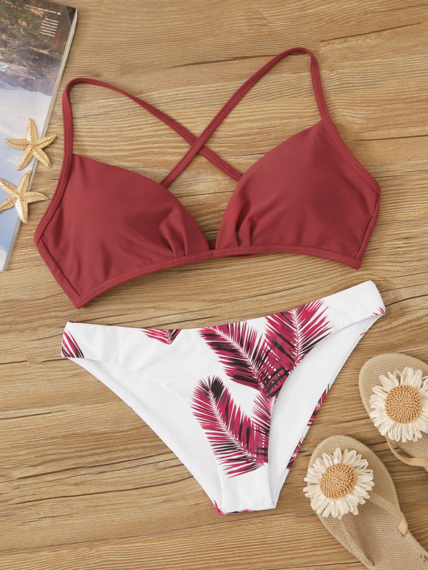 

Criss Cross Top With Palm Print Bikini Set, Multicolor