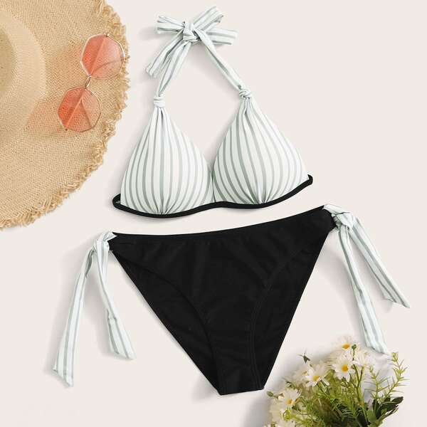 

Striped Triangle Top With Tie Side Bikini Set, Multicolor
