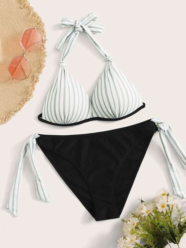 

Striped Triangle Top With Tie Side Bikini Set, Multicolor