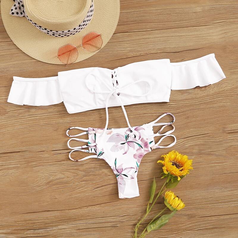 

Lace-up Bardot Top With Floral Panty Bikini Set, Multicolor