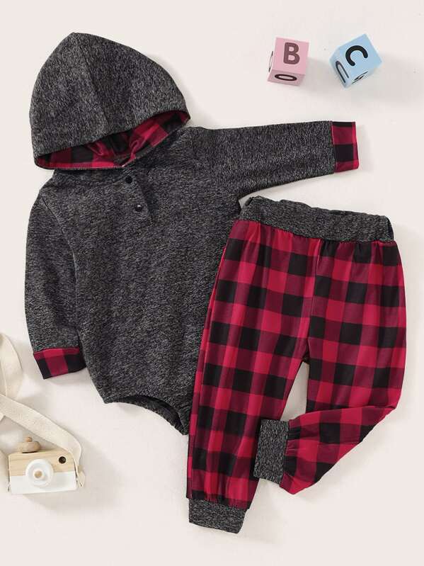 

Baby Boy Space Dye Hoodie Romper With Buffalo Plaid Pants, Multicolor