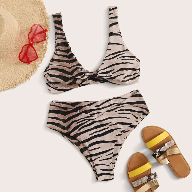 

Tiger Striped Pattern Bikini Set, Multicolor