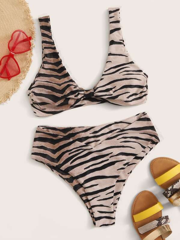 

Tiger Pattern Top With High Waist Bikini Set, Multicolor