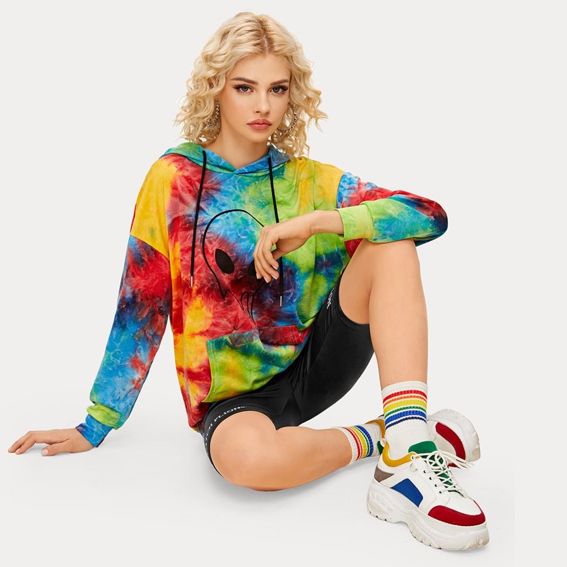 

Tie Dye Alien Print Kangaroo Pocket Hoodie, Multicolor