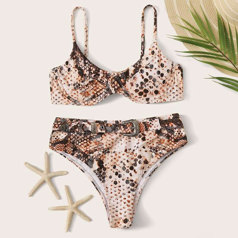 

Snakeskin Belted High Waisted Bikini Swimsuit, Multicolor