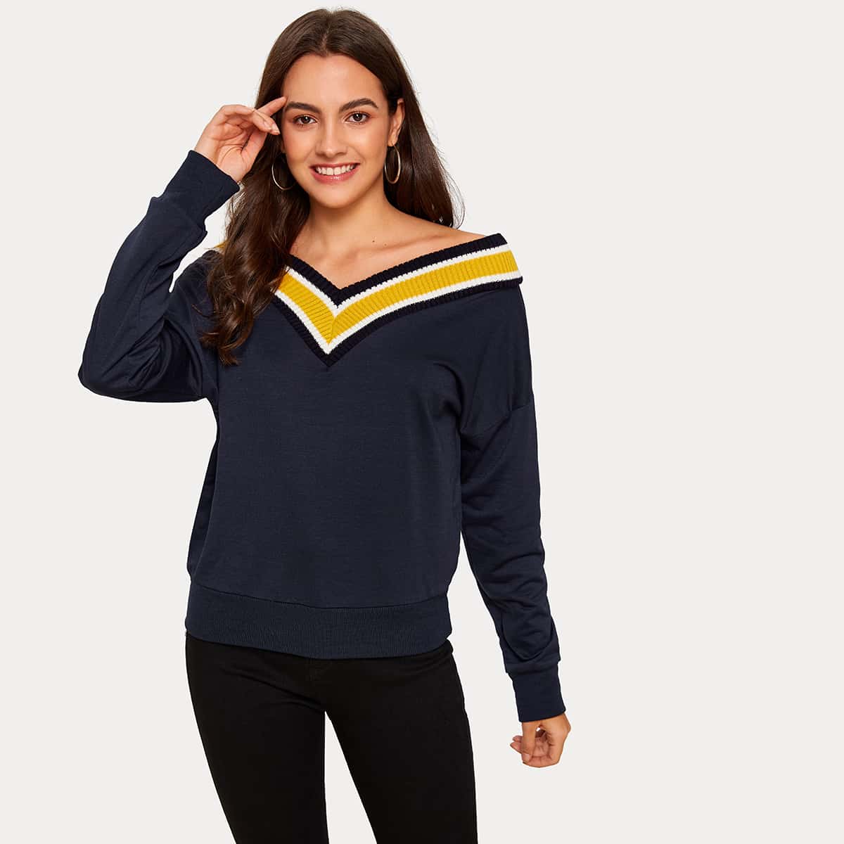 

Off The Shoulder Striped Panel Sweatshirt, Navy