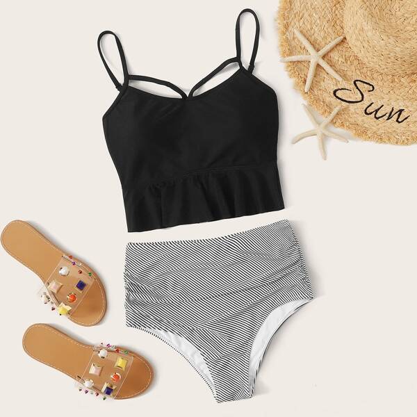 

Lace-up Back Top With Striped High Waist Tankini, Black and white