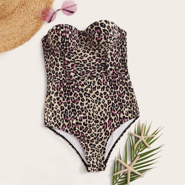 

Leopard Underwire One Piece Swimwear With Detachable Strap, Multicolor