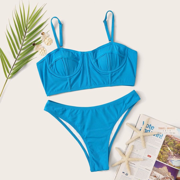 

Textured Underwire Top With High Cut Bikini Set, Blue