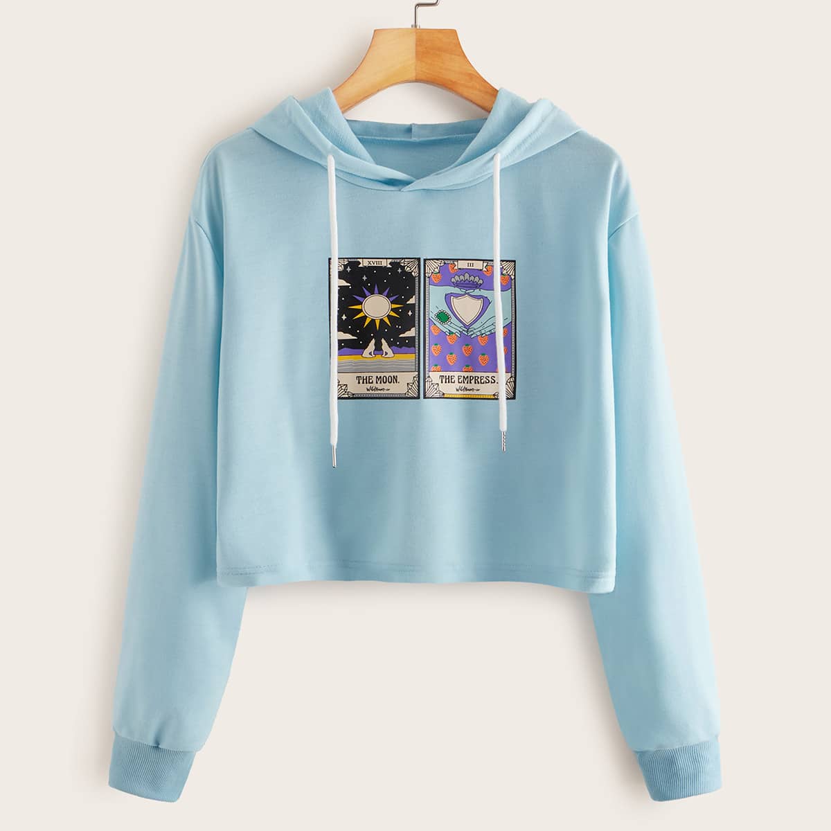 

Graphic Print Drawstring Crop Hoodie, Blue