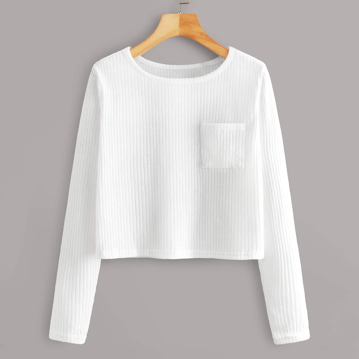 

Solid Pocket Front Crop Ribbed Tee, White